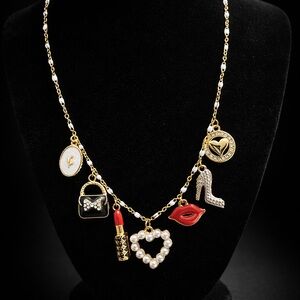 Hand Made 18k Gold Plated Charm Necklace with Red and Black Accents